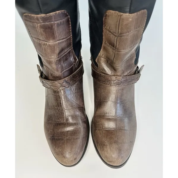 Sam Edelman Juliana Riding Boots Size 8.5M Black Brown‎ Leather Croc Embossed - Image 6