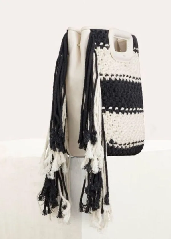 Maje M Bag in Leather and Bicolor Knit Black White Stripe Satchel NWT - Image 4