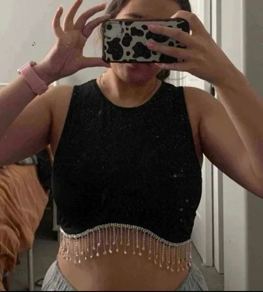 Black Rhinestone Fringe Hem Tank Top Size L - Image 4