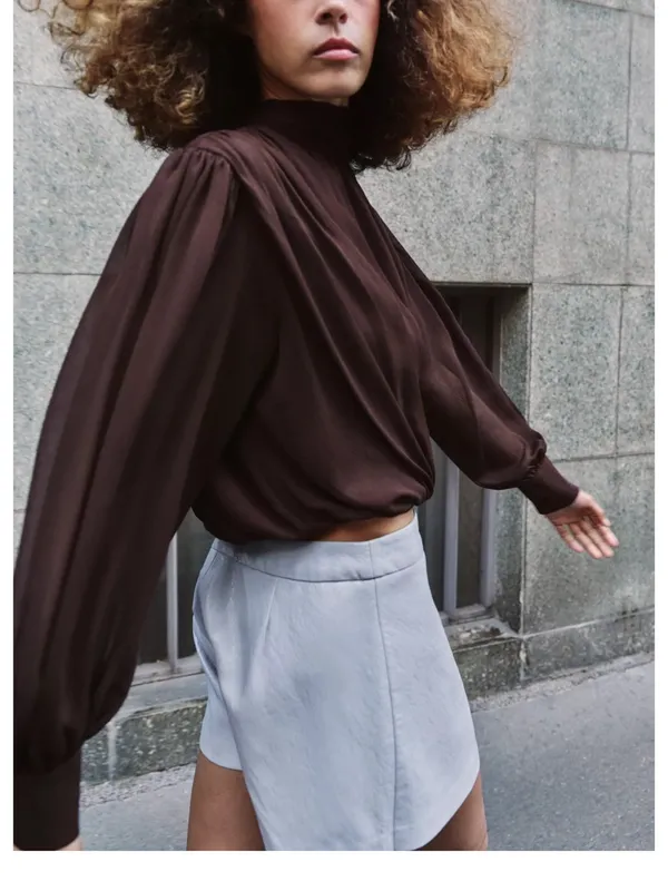 Zara NWT draped High-Neck Long-Sleeve mesh Blouse top Brown - Image 6