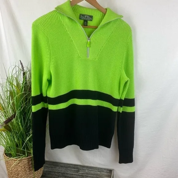 Ralph Lauren Green & Black Quarter Zip Long Sleeve Color block Neon Sweater L - Image 2