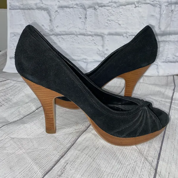 Steve Madden suede open toe heels black upper w/ brown heels sz 8 - Image 9