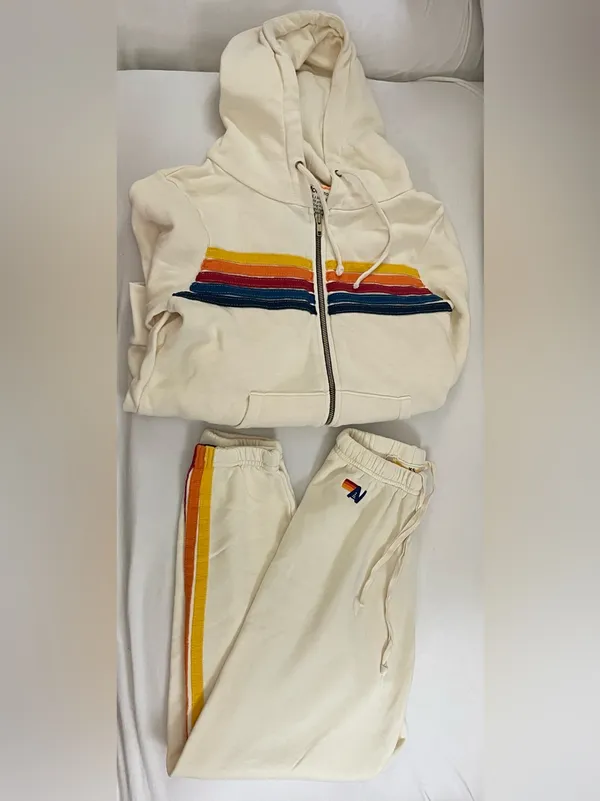 Aviator Nation 5 Stripe Vintage Cream Rainbow-Stripe Zip Hoodie & Jogger Set XS - Image 2
