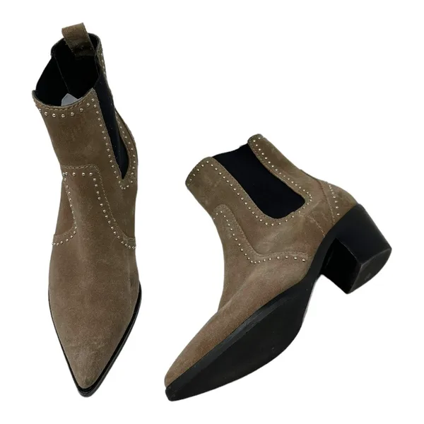 Paige Studded Suede Pointed Toe Chelsea Ankle Boots Taupe Size 7 - Image 4