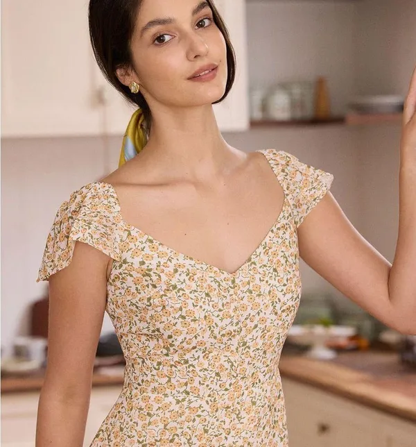 RIHOAS The Yellow V Neck Floral Slit Midi Dress - Image 5