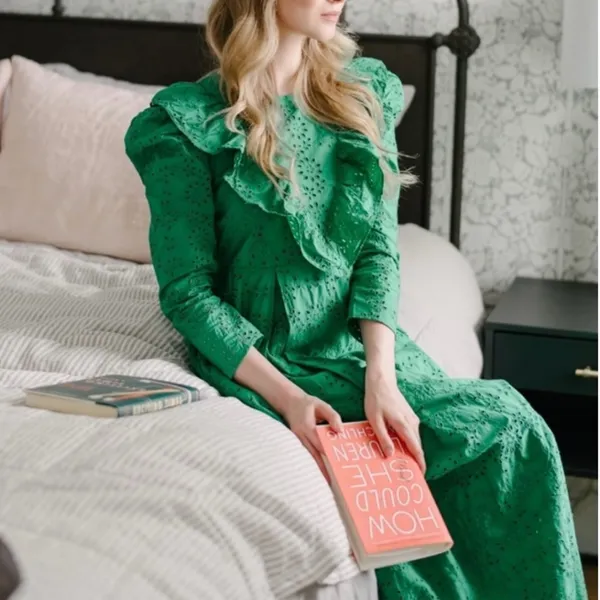 ZARA Broderie‎ Anglaise Cutwork Embroidered Eyelet Ruffle Midi Dress Green Sz XS - Image 7