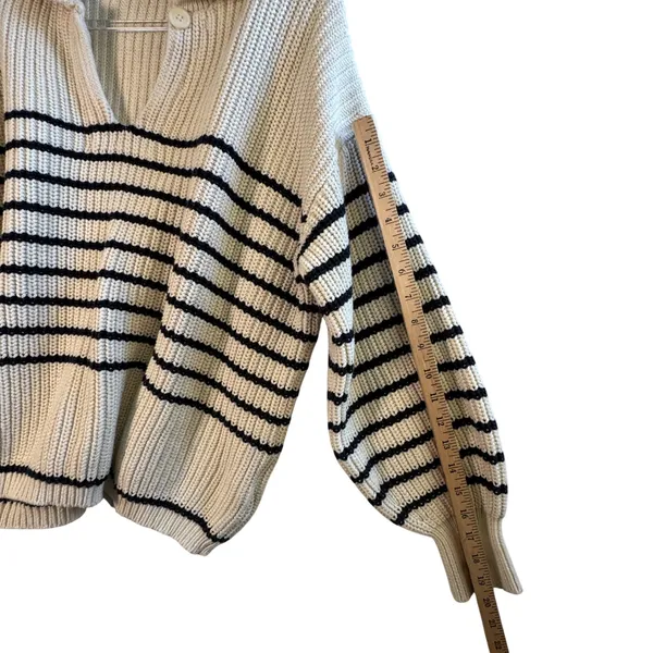 Zara Knit Rugby Sweater Womens Medium Cream Black Striped Collared Cotton Preppy - Image 8