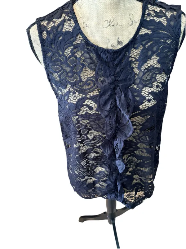 WHO WHAT WEAR Lace Ruffle Sleeveless Blouse Women's Size L Black NWT - Image 3