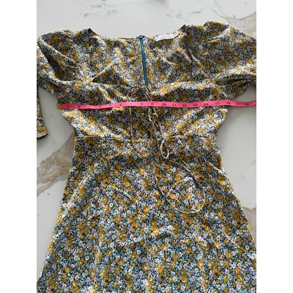 Lush Floral Mini Dress Teal Mustard Puffed Long Sleeve Sweetheart Tie XS‎ - Image 5