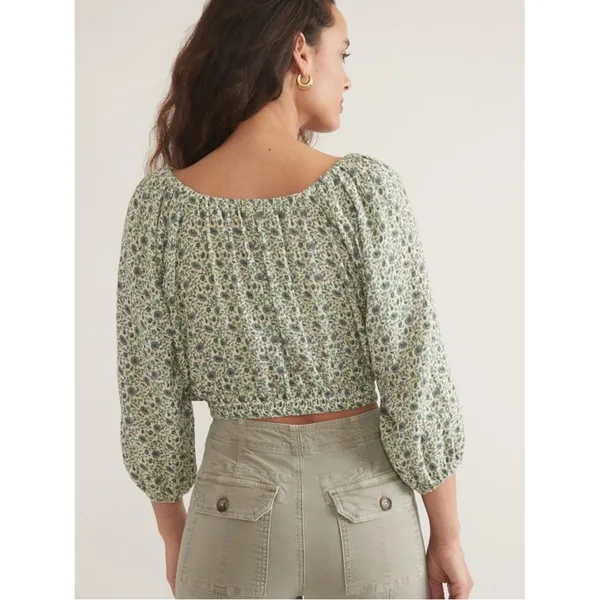 Marine Layer Tiana Double Cloth Cropped Floral Keyhole Tie Blouse XL - Image 2