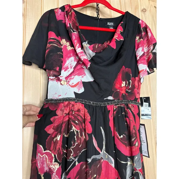 NWT SLNY Cowl Neck Floral Maxi Dress Black Red Floral Flutter Sleeve Size 6 - Image 6