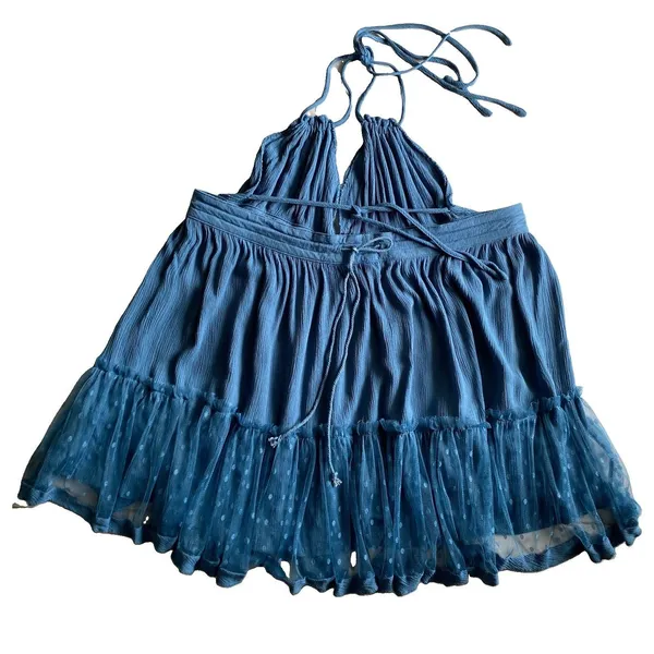 ⁠R Vivimos Blue Halter Mini Dress Size L Boho Mesh Polka Dot Tiered Babydoll - Image 9