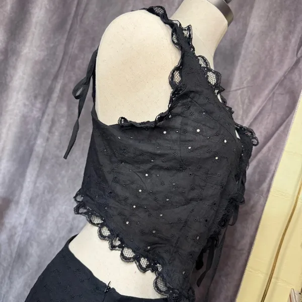 2 Pc Set Eyelet Embroidery Lace Tie Front Crop Top and Mini Skirt Set Summer - Image 6