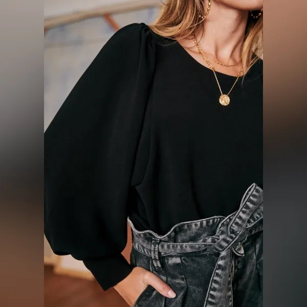 Sézane Bénédicte Blouse Black FR 34 US 2 Small‎ Boho Balloon Sleeve Crepe Top - Image 4