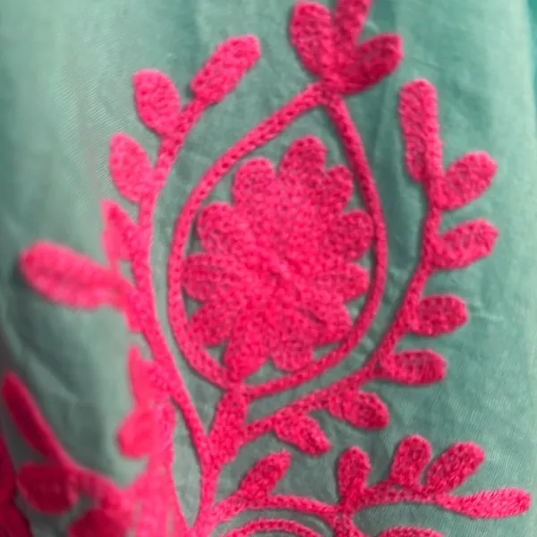 Boutique Aqua Off-Shoulder Dress coverup with Pink Embroidery - Image 3