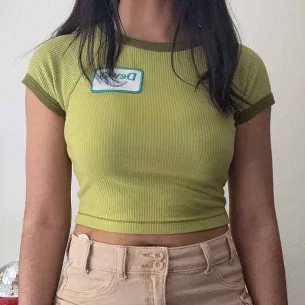 Wild Fable‎ Lime Green Dewey Cannabis Co Patch Ribbed Ringer Crop Baby Tee Small - Image 2