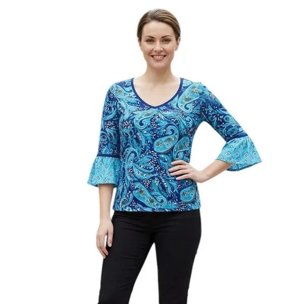 Vera Bradley Blue Daisy Paisley Kelsey Bell Sleeves Flutter Top, M SRP: $60 - Image 2