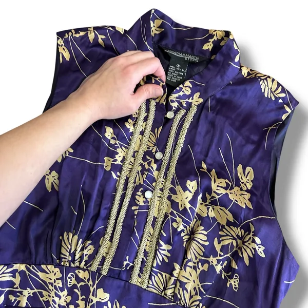 Jonathan Martin Studio 100%‎ Silk Purple Gold Floral Embroidered Midi Dress Sz 8 - Image 8