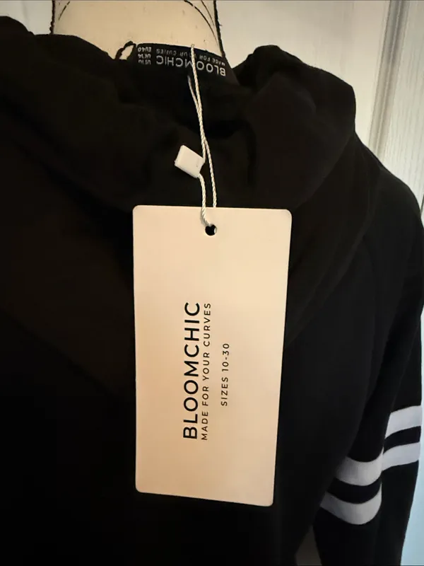 BloomChic Black Hooded Pullover with White Drawstrings and Sleeve Stripes Size 10 - Image 2