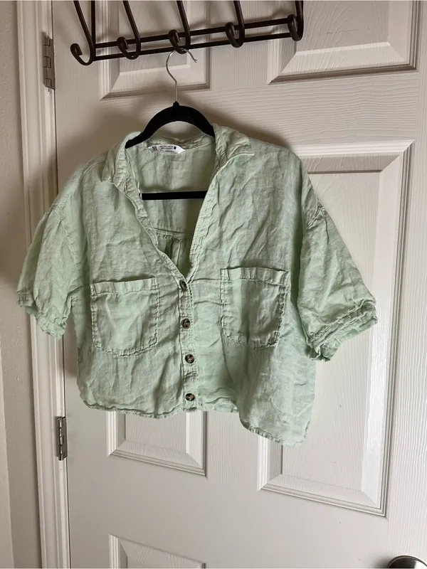 Zara Linen Crop Short Sleeve Button Down Blouse Mint Green Large Boho - Image 2
