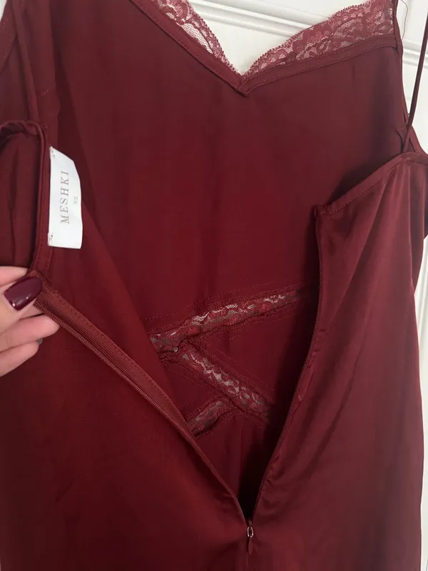 Meshki Deep Wine Red Lace Cutout Satin Effect Maxi Dress - Image 10