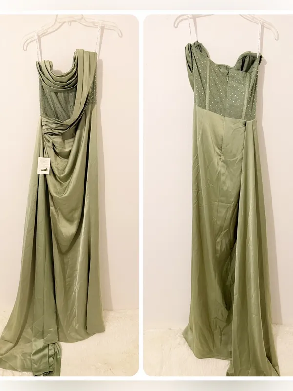 NWT Miss Circle Holly Basil Crystallized Corset Slit Satin Gown Maxi Sz Medium * - Image 3