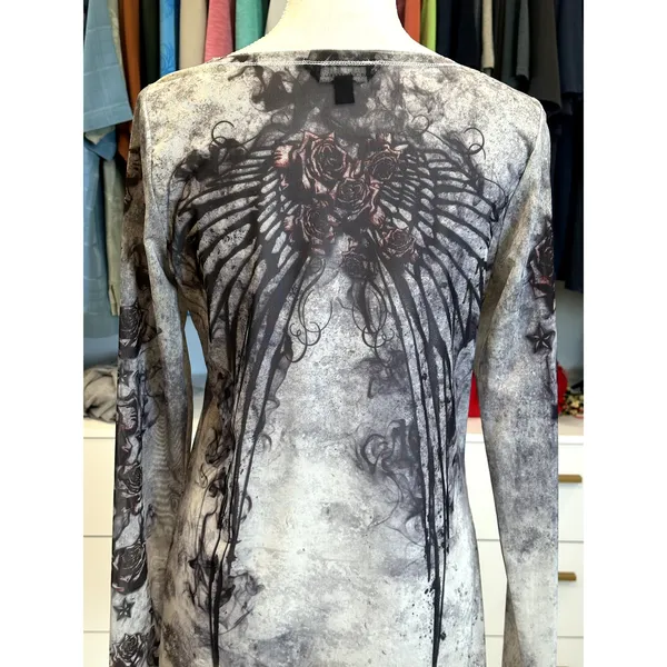 Rock & Republic Women's Fleur De Lis Gray Graphic Long Sleeve Mesh Top M - Image 5