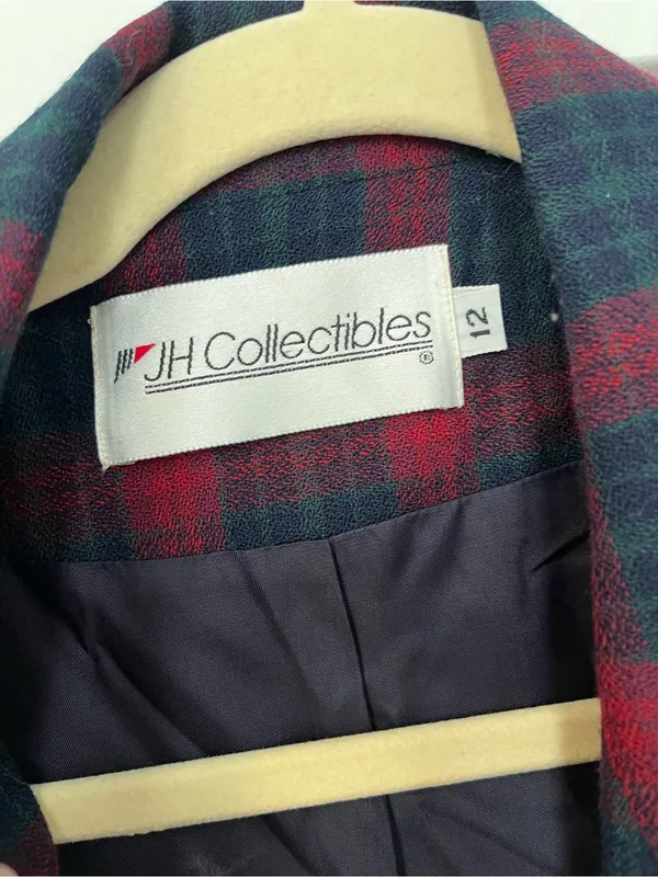 Vintage Red Green Navy Plaid Double-Breasted Blazer gold button wool HOLES - Image 4