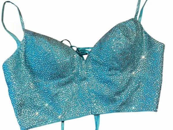 Rhinestone Bustier Corset Top Teal Blue Embellished Bralette Rave Festival Glam - Image 5