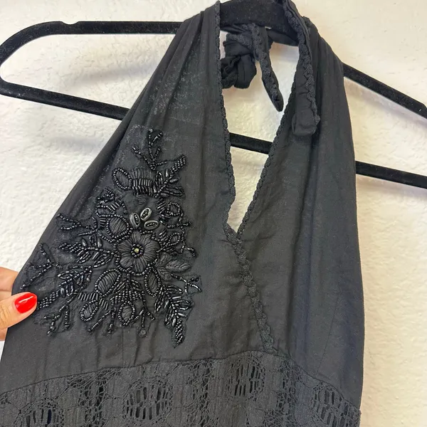 Y2K Go Gal Black Beaded Lace Halter Maxi Dress Whimsigoth Boho - Image 2