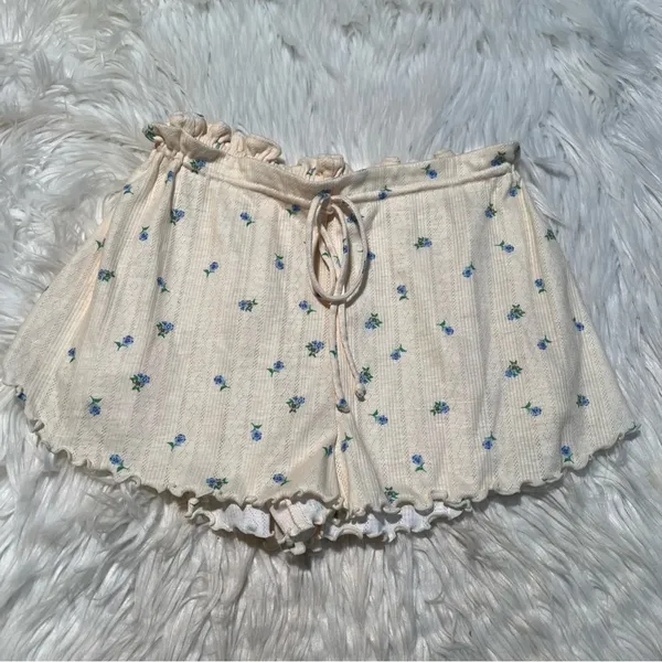 For Love & Lemons Women's Size Medium Pointelle Shorts Butter Yellow Blue Floral - Image 3