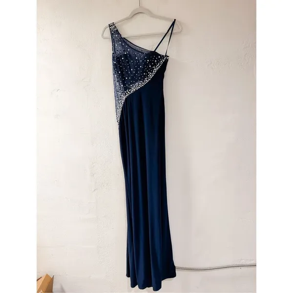 La Femme One Shoulder Sheer Rhinestone Formal Maxi Dress in Navy Blue Size 0 - Image 3