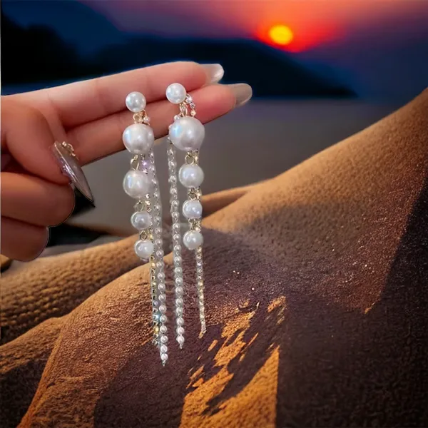 Faux Pearl Shiny Rhinestone Chain Tassel Design Dangle‎ Earrings Elegant Fashion - Image 11