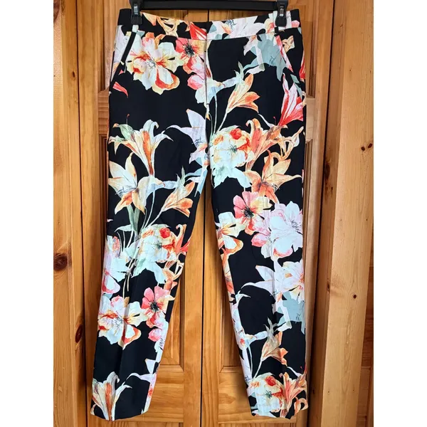 Zara Basic Floral Lily Print Trousers Black Orange Slim Ankle Pants Womens 8 - Image 4