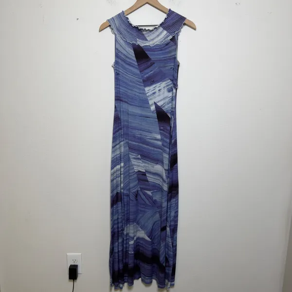 Soft Surroundings Women Maxi Jersey Knit Dress Small Blue‎ Abstract Artsy Lagen - Image 4