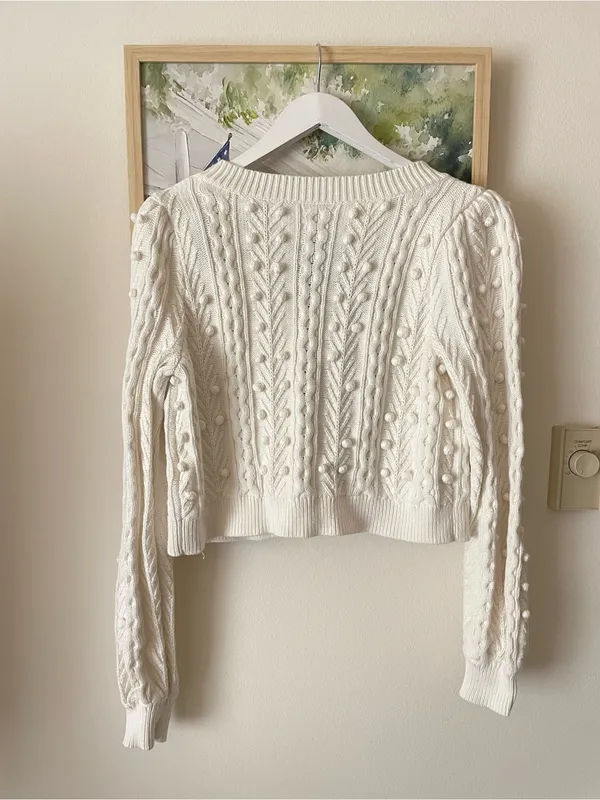 A Loves A Bow Front Cable Knit Bobble Pom Pom Cardigan Sweater Medium - Image 7
