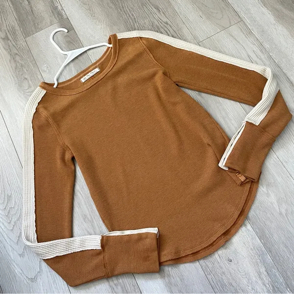 Free People Shirt tasha striped thermal long sleeve womens Orange medium casual - Image 3