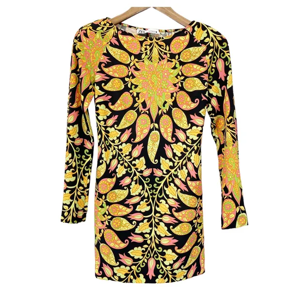 Zara Womens XS Mini Bodycon Floral Paisley Dress Bell Sleeve Cutout Multicolor‎ - Image 2