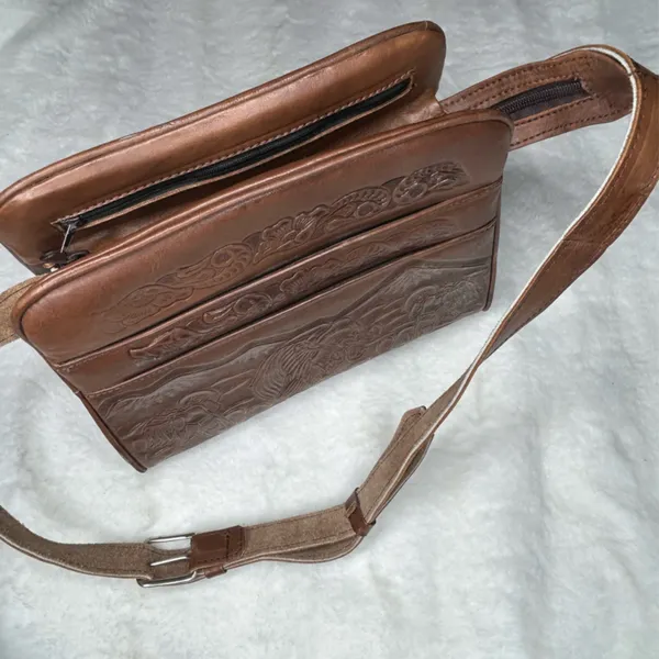 Vintage Hand Tooled Leather Shoulder Bag; dark Caramel Leather W/ Suede Interior - Image 5