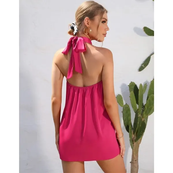 NEW Satin Dress Mini Cross Halter Neck Backless Dress Pink XL - Image 4