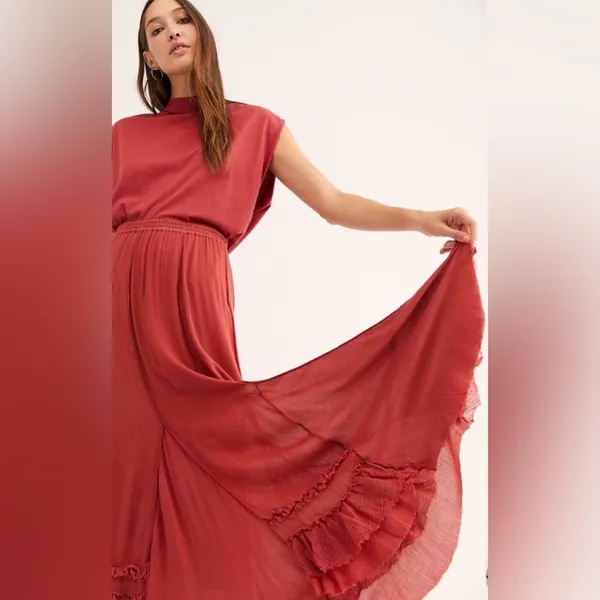 Free People FP One Cypress Ruffle Maxi Skirt Boho Terracotta NWOT L - Image 3