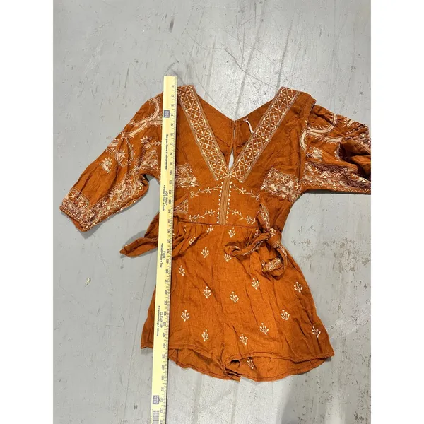 Free People Rust Orange Embroidered Long Sleeve Romper Boho V-Neck Small - Image 6