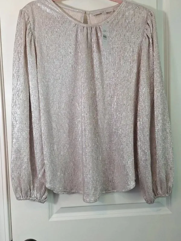 NWT Ann Taylor LOFT Size Medium Silver Textured Metallic Puff Sleeve Blouse NEW - Image 2