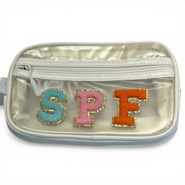 Clear SPF Makeup Bag Travel Cosmetic Pouch Chenille Patch Toiletry Organizer NWT - Image 8
