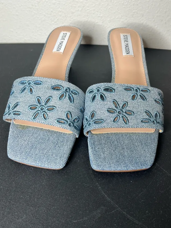 Steve Madden Embroidered Eyelet Floral Denim Josefina Slip On Kitten Heel - Image 4