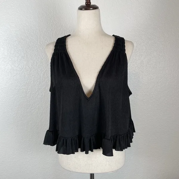 Free People No Excuses Ruffle Ribbed Crop Top Women's S Black Grunge WhimsyGoth‎ - Image 3