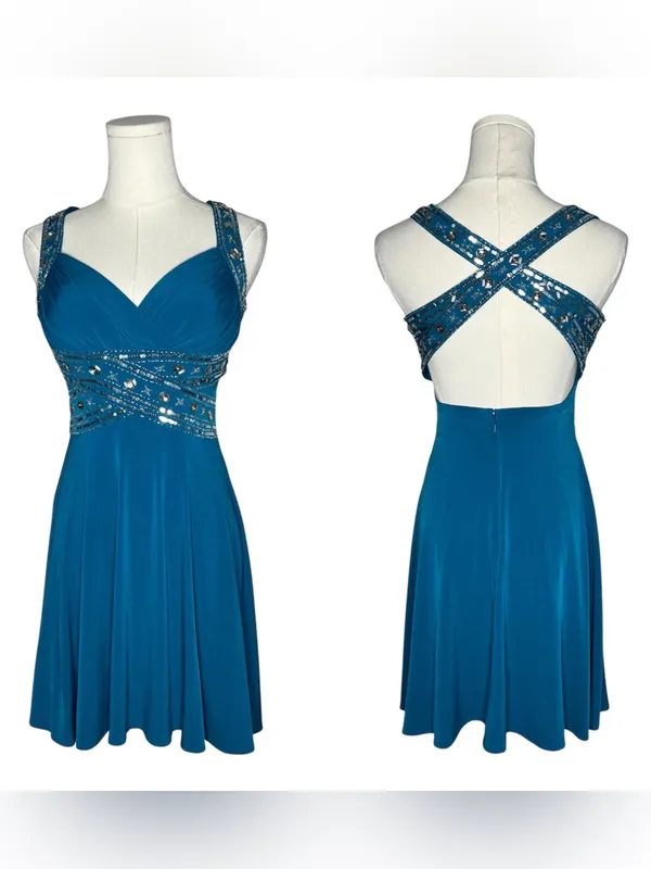Vintage Blue Beaded Waist Criss Cross Back Mini Cocktail Dress Party Fairycore - Image 2