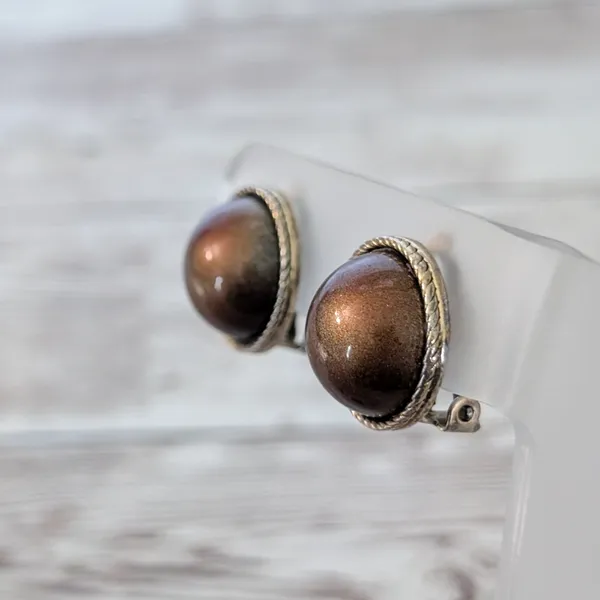 Vintage Clip On Earrings Domed Metallic Brown with Gold Tone Halo - Image 3