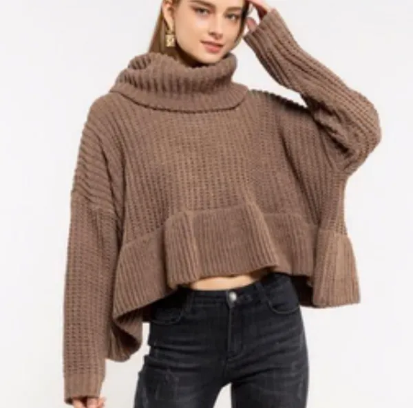 POL Chenille Flounce Hem Cowl Neck Sweater - Image 2