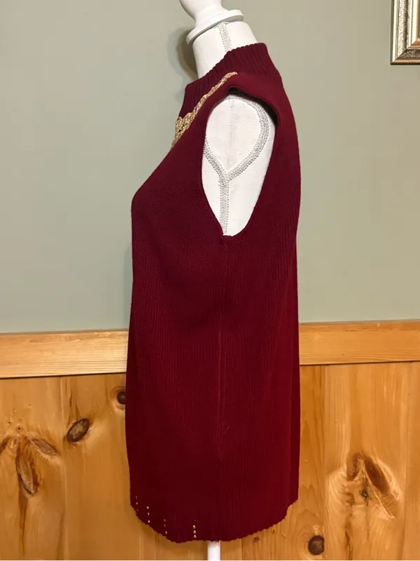 Vintage 80s 90s Burgundy Jeweled Sweater Vest Gold Applique Mock Neck USA OS - Image 4